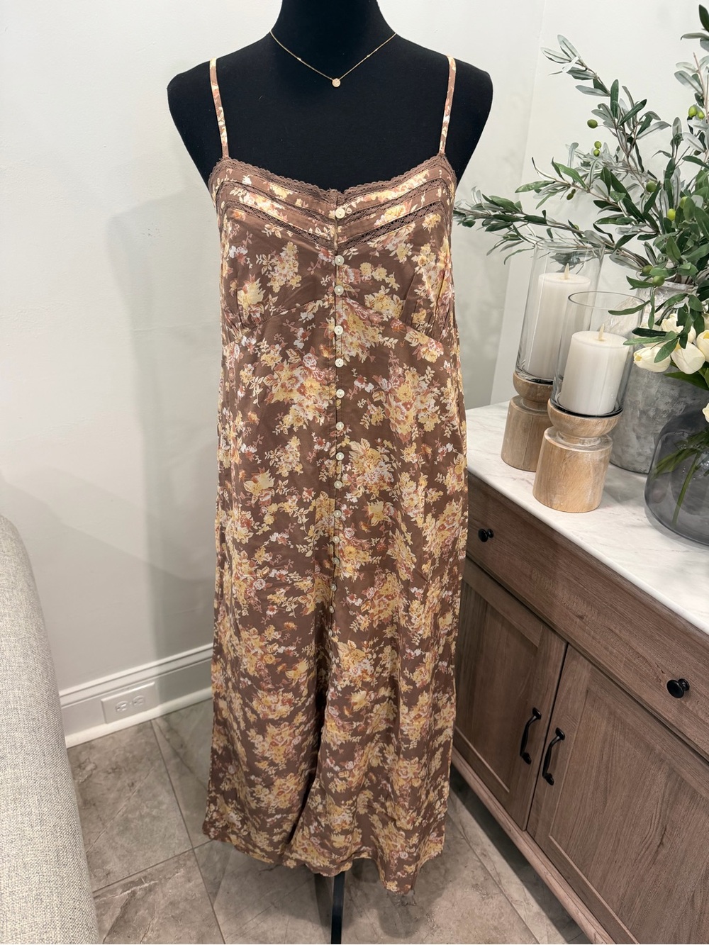 Lucky Brand Brown Floral Lace Trimmed Slip Midi Dress with Cream Print - Picture 5 of 16